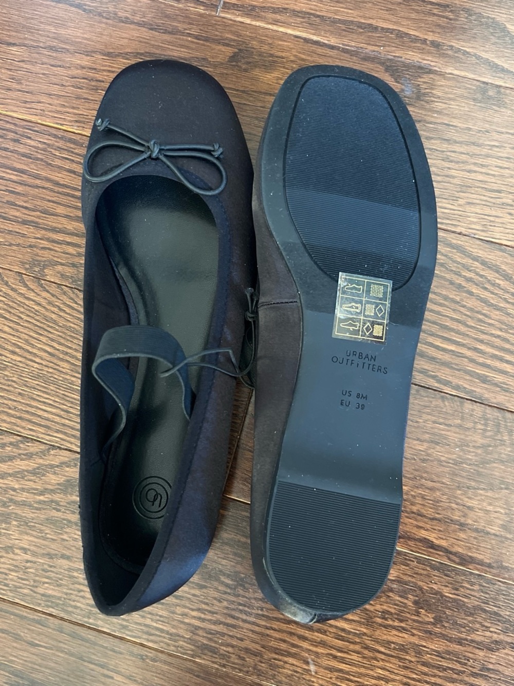 Urban Outfitters Black Satin Ballet Flats with Ankle Ribbon - Picture 2 of 4